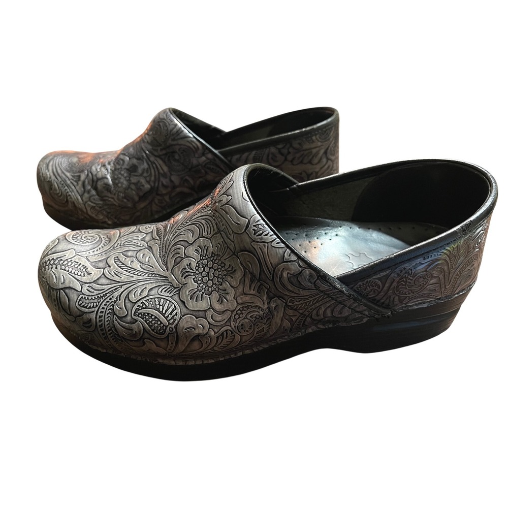 Dansko Metallic‎ Floral Embossed Leather Clogs Comfort Work Shoes Women Size 39